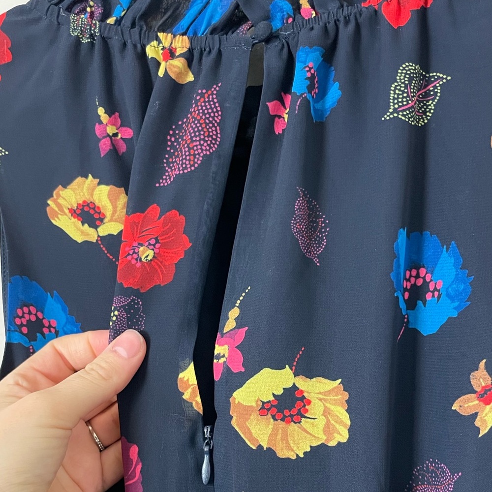 1901 Navy Floral Midi Dress Size 8 Medium Fun Spring Print Smocked Waist Ruffles - Picture 8 of 10